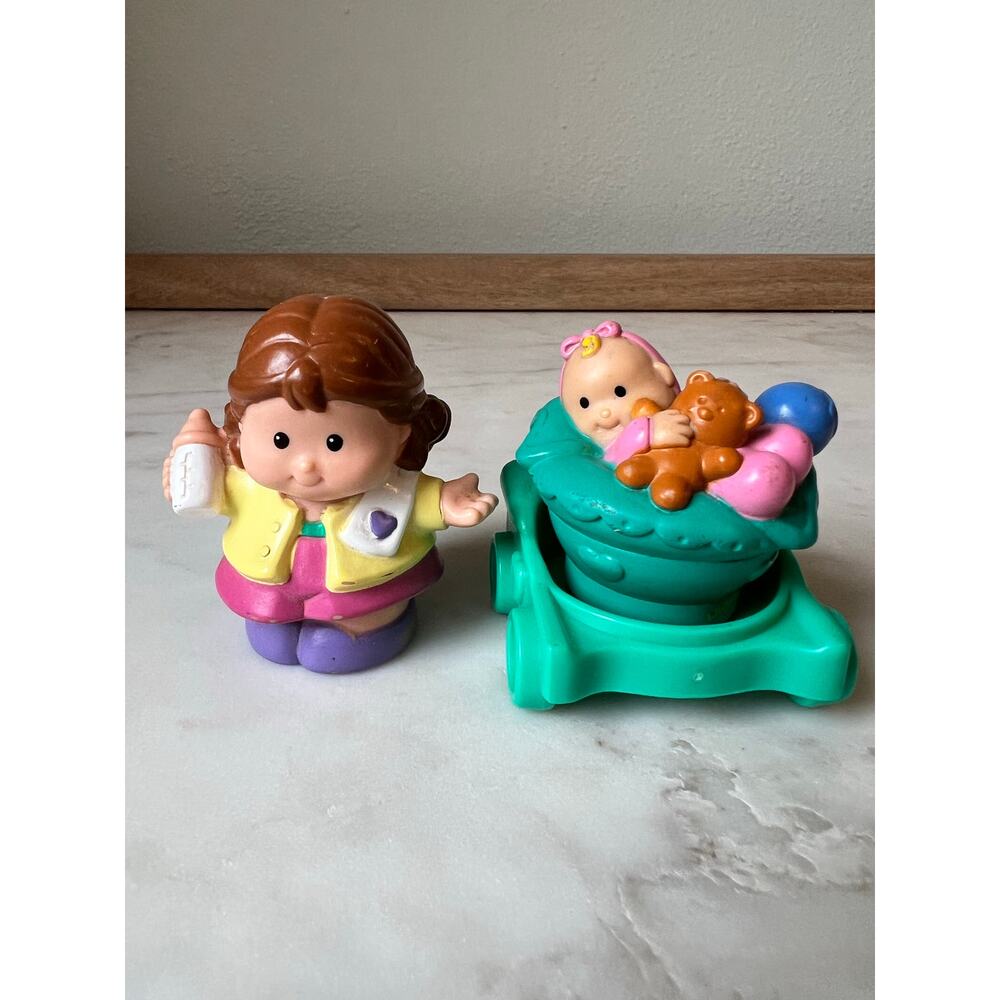 Fisher-Price Little People Mom holding Bottle Figure with Baby and Stroller